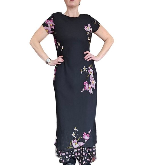 90s Black Pink Floral Maxi Dress Layered Ruffles 6 Romantic Flowy Vintage Retro - Picture 2 of 14